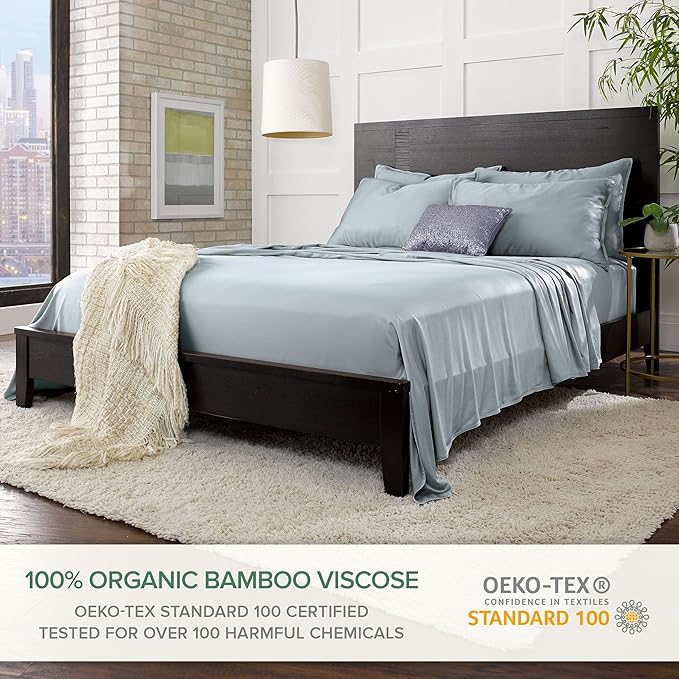 Split King Sheets by Pure Bamboo, Genuine 100% Organic Viscose Derived from Bamboo Bed Sheet Set, Soft & Cooling, Double Stitching *Not for Split Top (Split King, Sterling Blue)