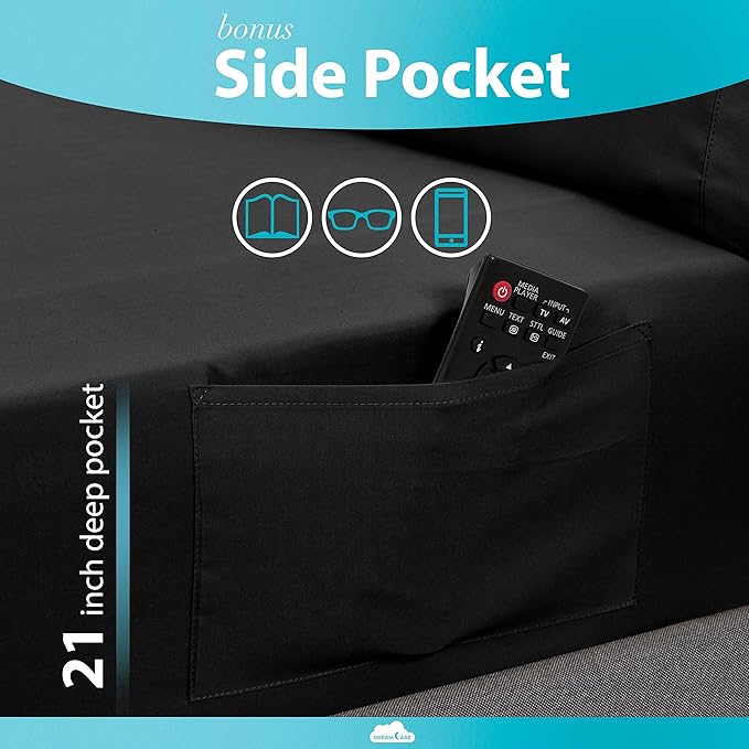 DREAMCARE Twin XL Sheet Sets – 3pcs Cooling Sheets – up to 21” Extra Deep Pocket Twin XL Sheets Set – Hotel Luxury Sheets & Pillowcases – Superior Softness 100% Fine Microfiber with Side Pocket –Black