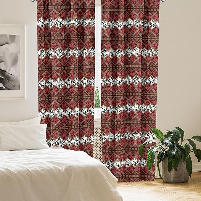 Ambesonne Savannah Curtains, Animal Skin Stripes as Diamond Shapes Pattern Wild Life Concept Native Art, Window Treatments 2 Panel Set for Living Room Bedroom, Pair of - 28" x 95", Red Brown