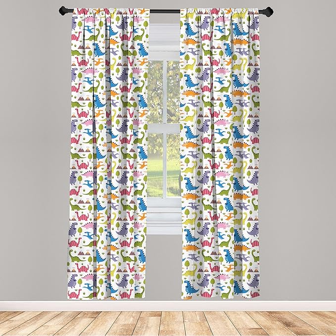 Ambesonne Dino Window Curtains, Cartoon Style Colorful Dinosaurs T-Rex Triceratops Prehistoric Reptile Wildlife, Lightweight Decor 2-Panel Set with Rod Pocket, Pair of - 28" x 84", Blue Green
