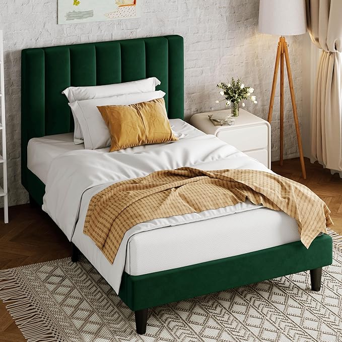 Allewie Twin Bed Frame/Velvet Upholstered Bed Frame with Vertical Channel Tufted Headboard/Strong Wooden Slats/Platform Bed Frame/Mattress Foundation/Box Spring Optional/Easy Assembly/Green