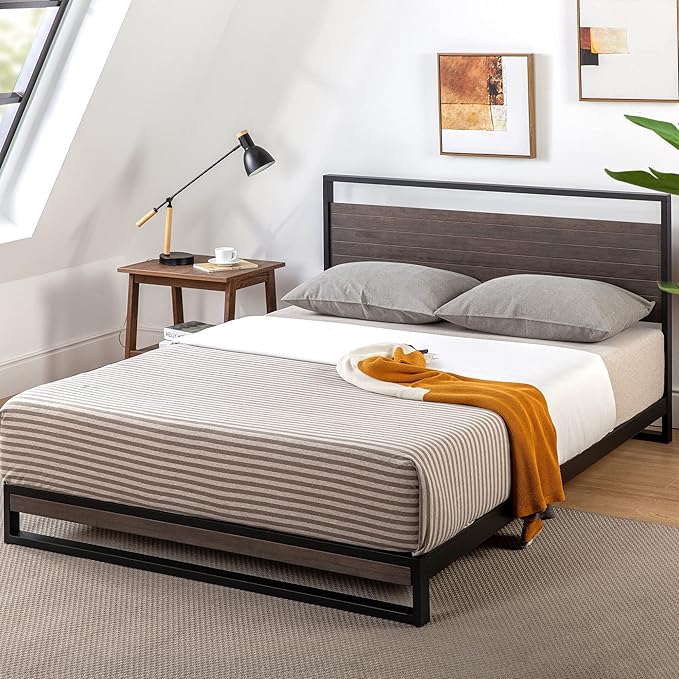 ZINUS Suzanne Bamboo and Metal Platform Bed Frame, 7-Inch Low Profile, Solid Steel Construction, No Box Spring Needed, Wood Slat Support, Easy Assembly, Grey Wash, Queen