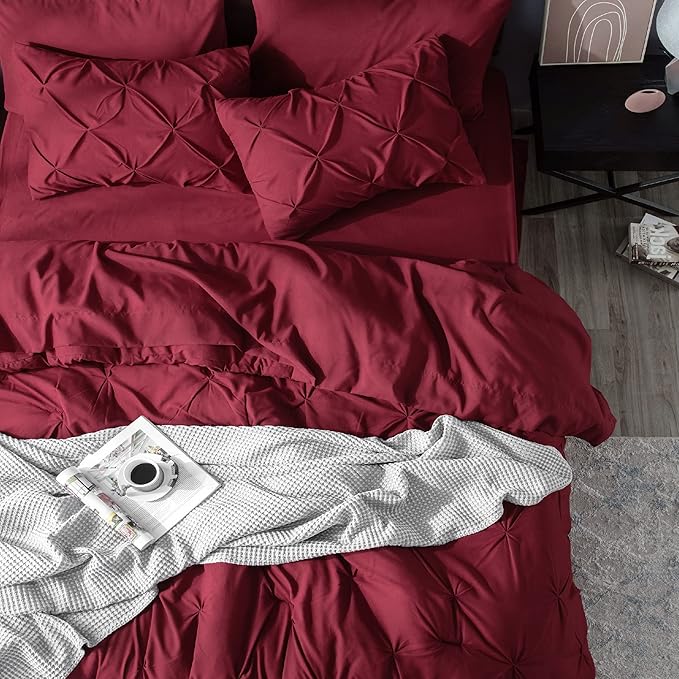 Bedsure California King Comforter Set Dark Red - Bed in a Bag Cal King Bedding Set 7 PCS, GentleSoft™ Pintuck Bed Set Gift for Family, Pinch Pleat Dark Red Comforter with Sheets, Pillowcases & Shams