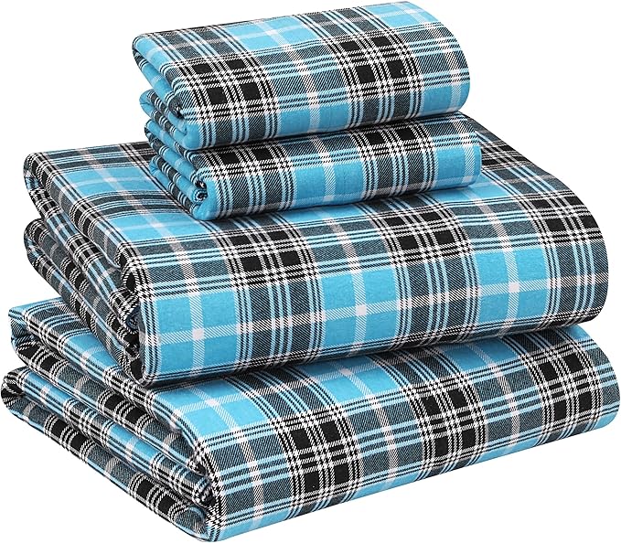 RUVANTI Flannel Sheets Queen Size - 100% Cotton Double Brushed Bed Sheets, Deep Pockets 16 Inches Queen Sheet Set, All Seasons Breathable & Extra Soft - Warm & Cozy, 4 Piece, Teal Plaid