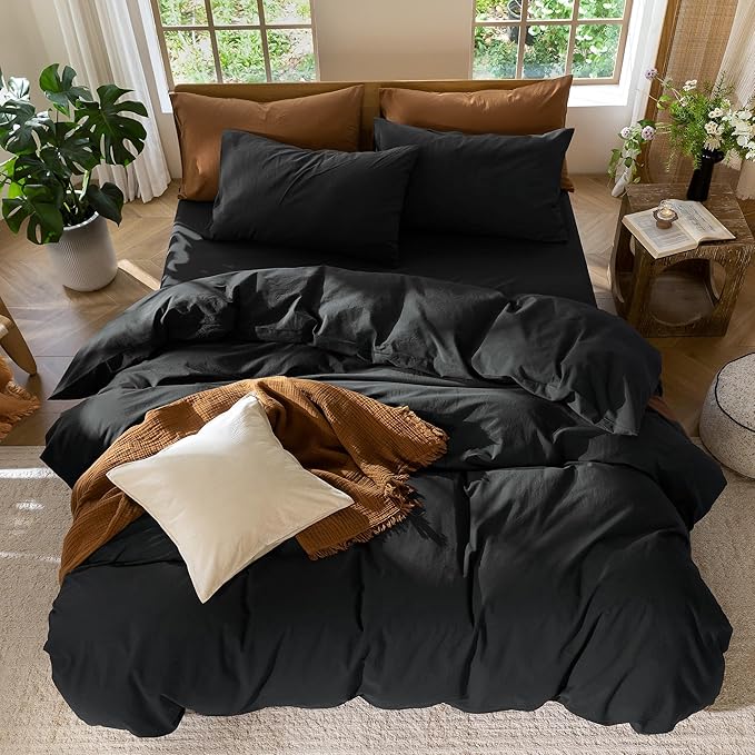 MooMee Bedding Duvet Cover Set 100% Washed Cotton Linen Like Textured Breathable Durable Soft Comfy (Solid Black, Full 80"x90")
