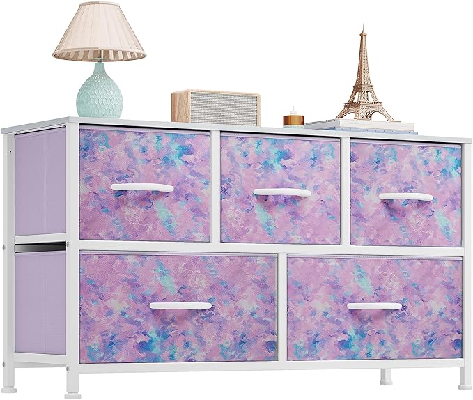 YITAHOME Wide Storage Tower with 5 Drawers - Fabric Dresser, Organizer Unit for Bedroom, Living Room, Closets - Sturdy Steel Frame, Easy Pull Fabric Bins & Wooden Top