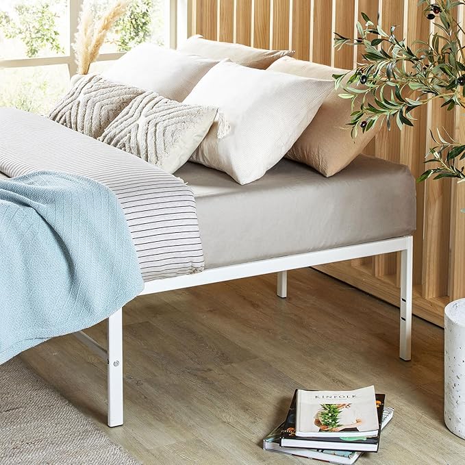 Best Price Mattress 18 Inch Metal Platform Bed Frame, Heavy Duty Steel Slats, White, Queen