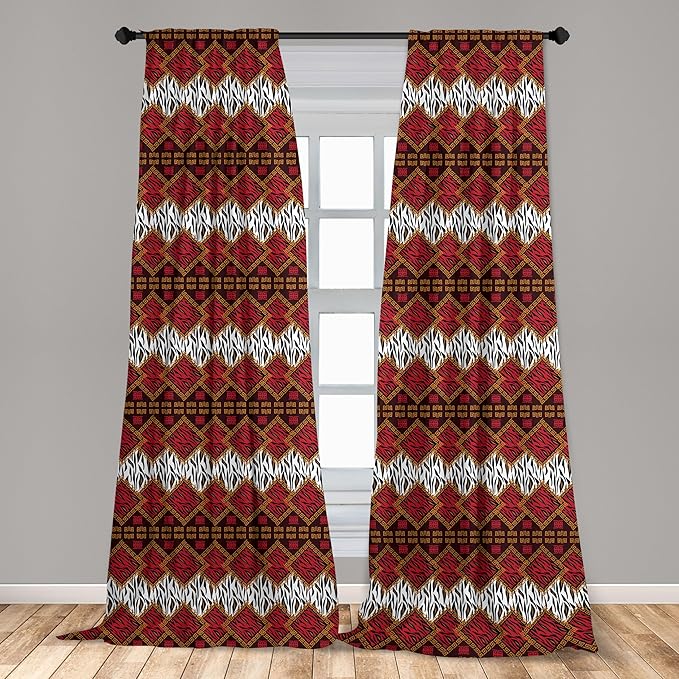 Ambesonne Savannah Curtains, Animal Skin Stripes as Diamond Shapes Pattern Wild Life Concept Native Art, Window Treatments 2 Panel Set for Living Room Bedroom, Pair of - 28" x 95", Red Brown