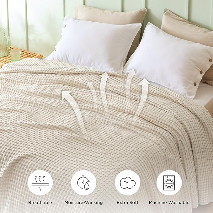 Bedsure Cooling Cotton Waffle Twin XL Blanket - Lightweight Breathable Blanket of Rayon Derived from Bamboo for Hot Sleepers, Light Beige, 66x90 Inches
