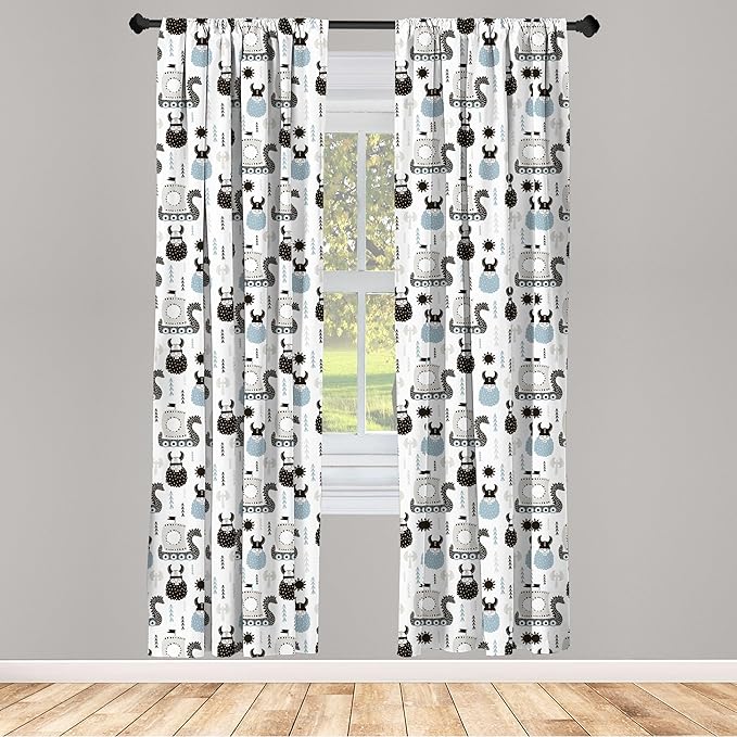 Ambesonne Scandinavian Curtains, Viking Longboat Design Cartoon Style Character Illustration, Window Treatments 2 Panel Set for Living Room Bedroom, Pair of - 28" x 84", Blue Grey