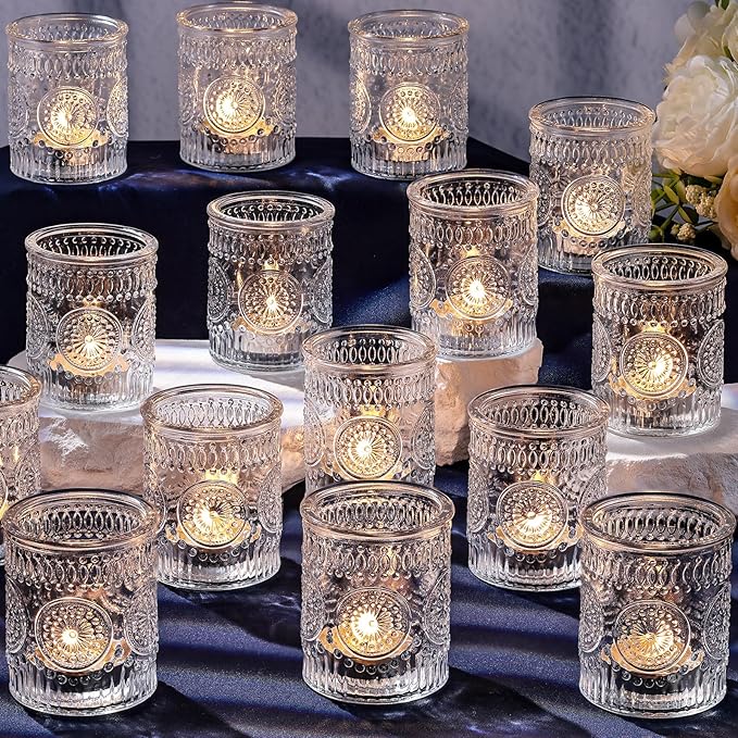 DARJEN Clear Votive Candle Holders Set of 36- Glass Candle Holders Bulk for Tea Light Candle, Embossed Candle Votives for Wedding Centerpiece, Living Room & Home Table Decor