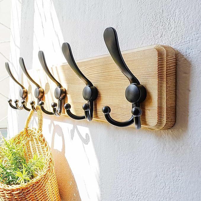 Dseap Coat Rack Wall Mount - Heavy-Duty Robust Rustic Wooden Wall Coat Hanger Hook Rail with 5 Triple Hooks for Winter Coats Hat Jacket Clothing, Light Brown & Black, Pack of 2