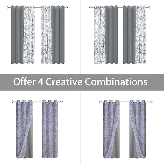 BONZER Mix and Match Curtains - 2 Pieces Branch Print Sheer Curtains and 2 Pieces Blackout Curtains for Bedroom Living Room Grommet Window Drapes, 37x63 Inch/Panel, Light Grey, Set of 4 Panels