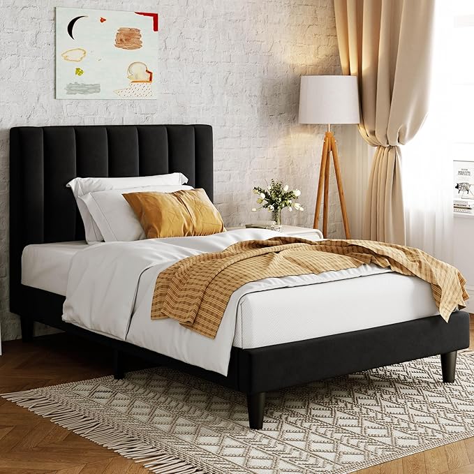 Allewie Twin Bed Frame/Velvet Upholstered Bed Frame with Vertical Channel Tufted Headboard/Strong Wooden Slats/Platform Bed Frame/Mattress Foundation/Box Spring Optional/Easy Assembly/Black