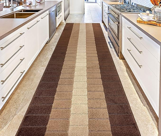 Custom Size Modern Geometric Pattern Carpet Runner Rug for Hallways, Slip Resistant Latex Rubber Backed, 31 inch Wide X Customized Length, Squares Brown, 31 inch X 9 feet
