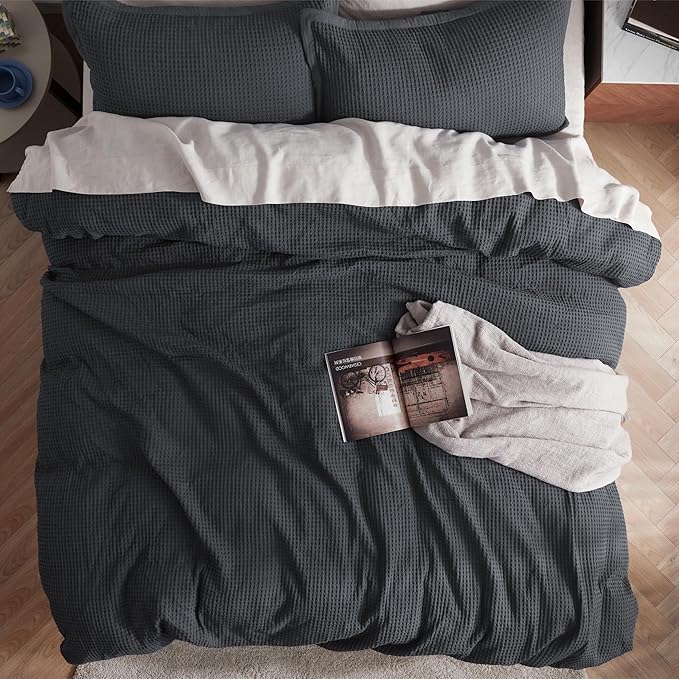 Bedsure Cotton Duvet Cover Set - 100% Cotton Waffle Weave Charcoal Duvet Cover Oversized Queen Size, GentleSoft™ and Breathable Bedding Set for All Season, 3 Pieces, 98"x98"