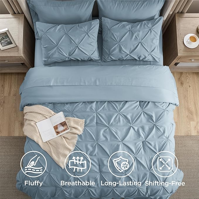 Bedsure California King Comforter Set - Bed in a Bag Cal King Bedding Set 7 PCS, GentleSoft™ Pintuck Bed Set Gift for Family, Pinch Pleat Light Blue Comforter with Sheets, Pillowcases & Shams