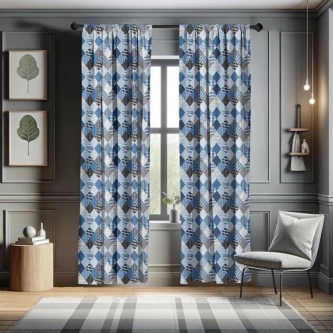 Ambesonne Geometric Window Curtains, Geometrical Diamond Shaped Lines with Various Nostalgic Fashioned Old Pattern, Decorative Panels Set of 2 with Rod Pocket, Pair of - 28" x 84", Black Blue