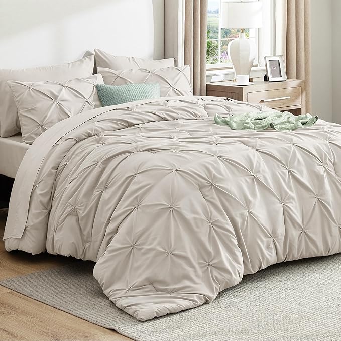 Bedsure Full Comforter Set Linen - Bed in a Bag Full Size Bedding Set 7 Pieces, GentleSoft™ Pintuck Bed Set Gift for Family, Pinch Pleat All Season Comforter with Sheets, Pillowcases & Shams