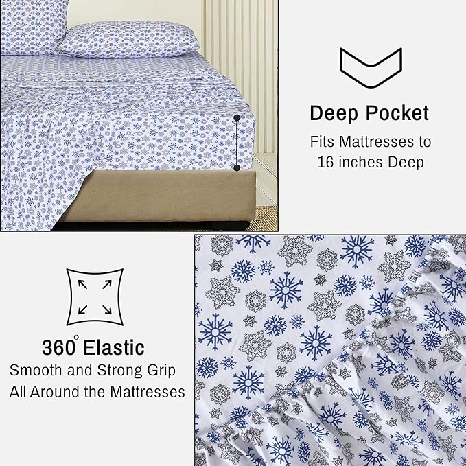 RUVANTI Flannel Sheets Queen Size - 100% Cotton Double Brushed Bed Sheets, Deep Pockets 16 Inches Queen Sheet Set, All Seasons Breathable & Extra Soft - Warm & Cozy, 4 Piece, Snow Flake Grey