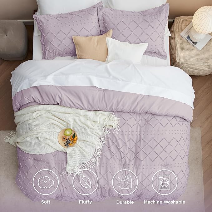 Bedsure Twin Comforter Set - Lavender Comforter, Boho Tufted Shabby Chic Bedding for Kids, 2 Pieces Vintage Farmhouse Bed Set for All Seasons, Fluffy Soft Bedding with 1 Pillow Sham