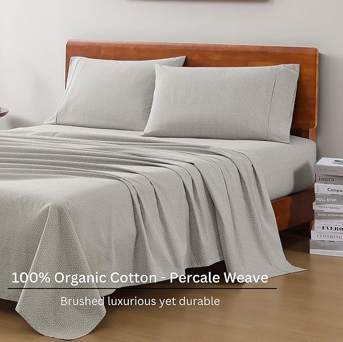 LANE LINEN Printed 100% Organic Cotton Bed Sheets Full Size, Fully Elasticized Reinforsed Seams in Fitted Pocket, Machine Washable Naturally Cooling Full Sheet Deep Pocket Bedding- Snowdrop