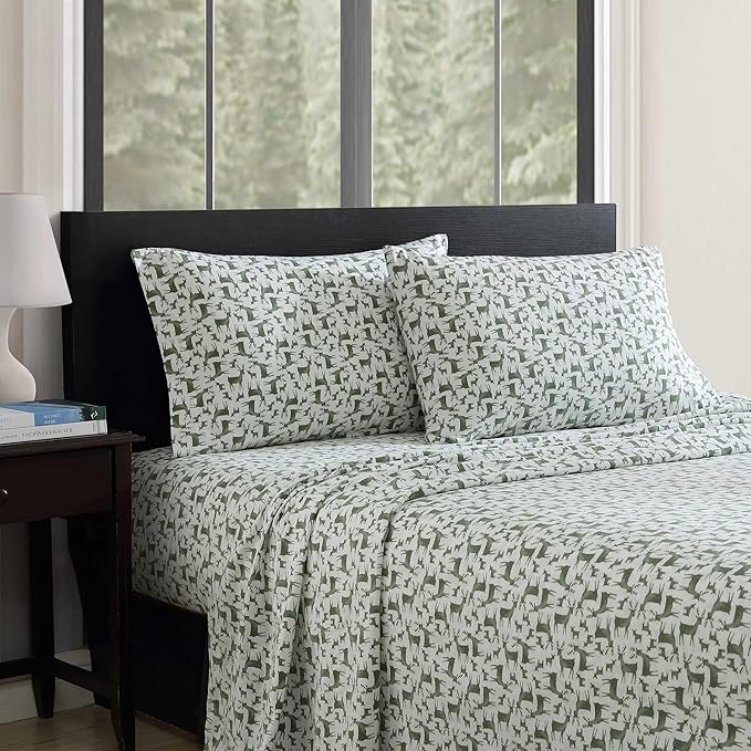 Eddie Bauer - Flannel Sheets King Size, Anti-Pilling & Wrinkle Resistant Cotton, Touchably Soft for All-Season Comfort - Bed Sheets with Matching Pillowcases & Fitted Sheet (Deer Camp Green)