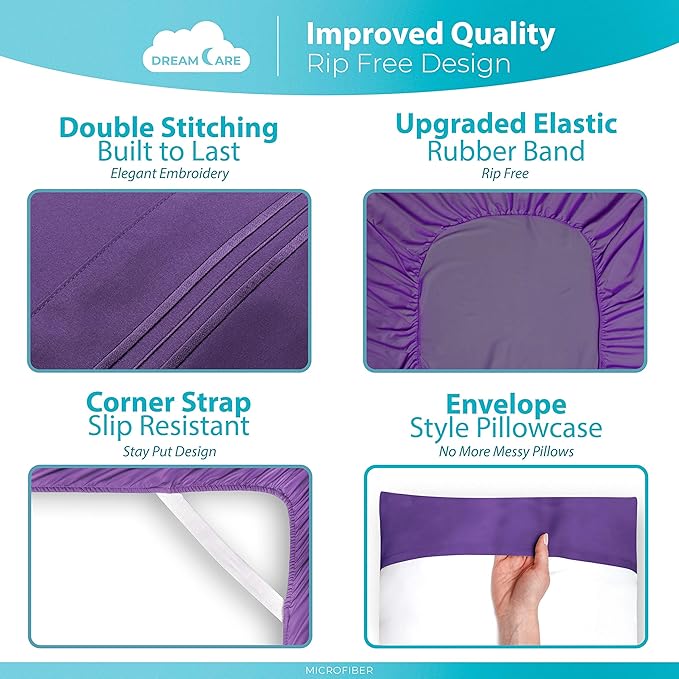 DREAMCARE Queen Sheet Set – 6 pcs Cooling Bed Sheets – up to 15” Deep Sheets Queen Size Bed Set – 2500 Supreme Collection – Extra Soft 100% Brushed Microfiber Hotel Luxury with Side Pocket – Purple