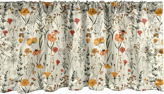 Ambesonne Fall Window Valance Pack of 2, Wild Flowers Illustration Print Vintage Autumnal Theme Farmhouse Vibe, Rod Pocket Curtain Valances for Kitchen Bedroom, 54" X 12", Mustard Orange Sage Green
