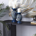 Deco 79 Ceramic Pillar Candle Holder with Cut Out Pattern, Set of 2 13", 10"H, Blue