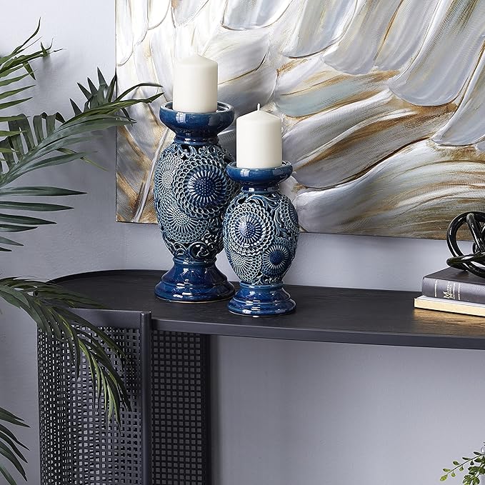 Deco 79 Ceramic Pillar Candle Holder with Cut Out Pattern, Set of 2 13", 10"H, Blue