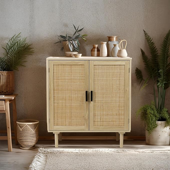 Finnhomy Sideboard Buffet Cabinet, Kitchen Storage Sideboard with Rattan Decorated Doors, Liquor Coffee Buffet, Dining Room, Hallway, Console Table, Accent Cabinet, 31.5X 15.8X 34.6 Inches, Natural