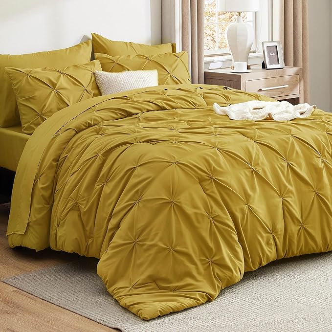 Bedsure Queen Comforter Set - Bed in a Bag Queen Size Bedding 7 Pieces, GentleSoft™ Pintuck Bed Set Gift for Family, Pinch Pleat Mustard Yellow Comforter with Sheets, Pillowcases & Shams