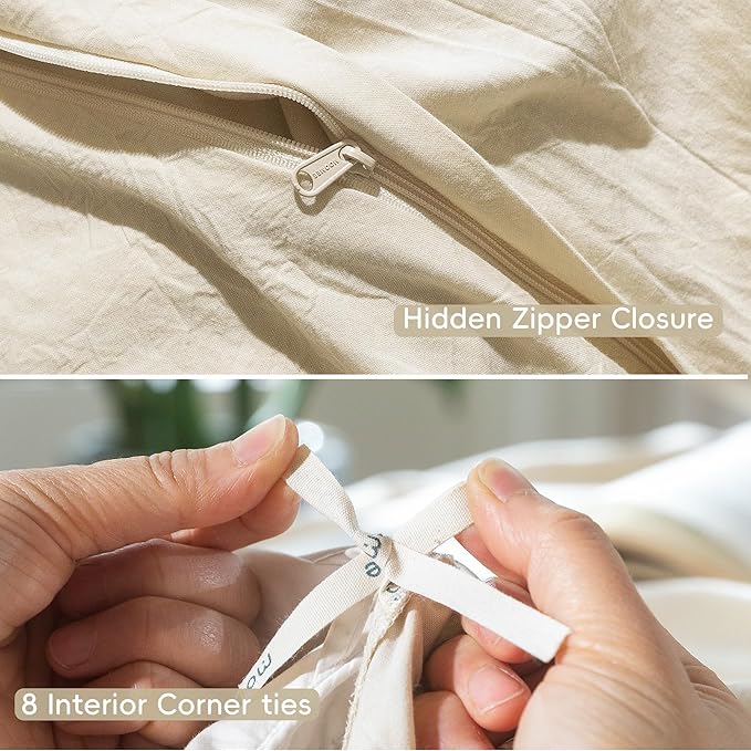 MooMee Bedding Duvet Cover Set 100% Washed Cotton Linen Like Textured Breathable Durable Soft Comfy (Heathered Almond Milk Grey, Alaska King 132"x120")