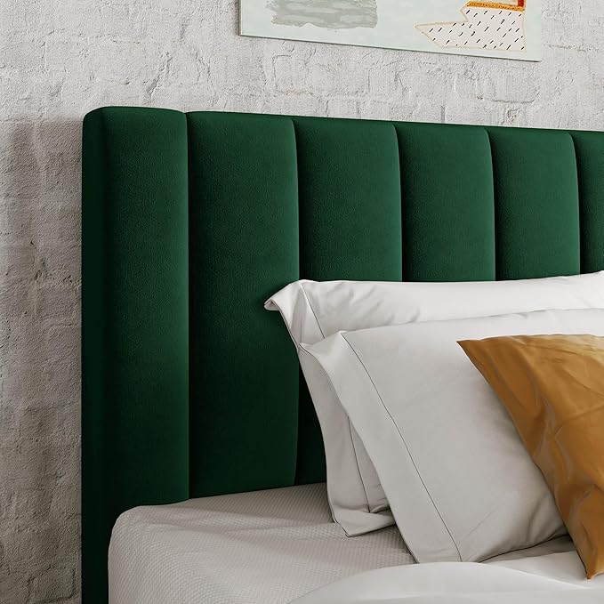 Allewie Twin Bed Frame/Velvet Upholstered Bed Frame with Vertical Channel Tufted Headboard/Strong Wooden Slats/Platform Bed Frame/Mattress Foundation/Box Spring Optional/Easy Assembly/Green