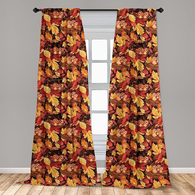 Ambesonne Fall Window Curtains Pack of 2, Happy Autumnal Colors with Birds in Nests Cartoon Illustration Print, Lightweight Set with Rod Pocket, 4 Panels of - 28" x 63", Cinnamon Amber and Orange