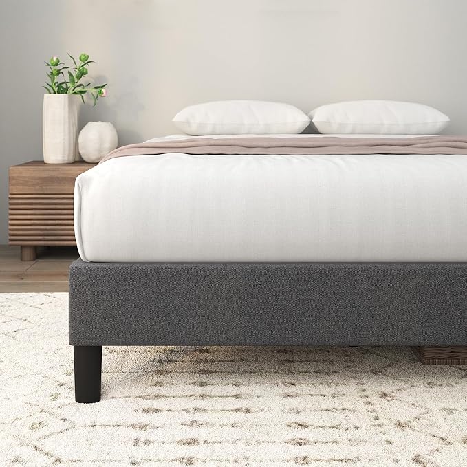 ZINUS Curtis Upholstered Platform Bed Frame, Mattress Foundation, Wood Slat Support, No Box Spring Needed, Eco Friendly WonderBox (TM) Packaging, Dark Grey, Queen