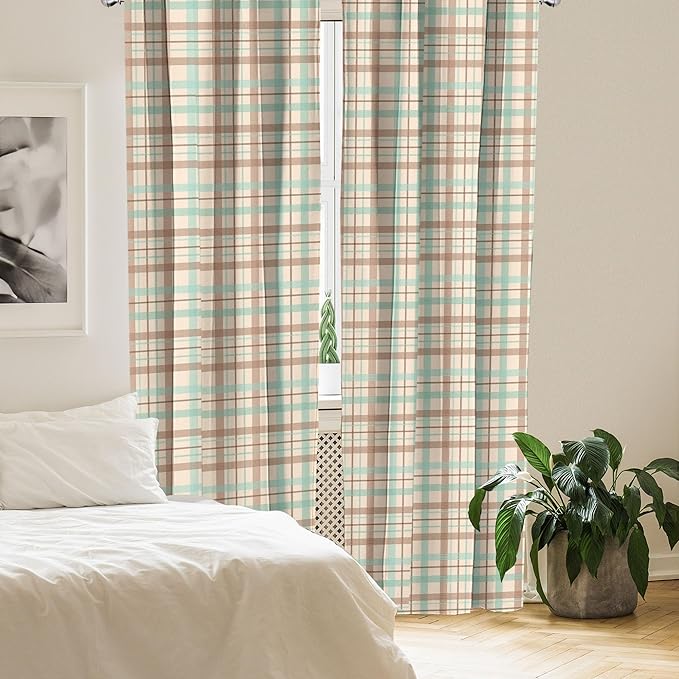 Ambesonne Plaid Window Curtains, Scottish Country Style Tartan with Abstract Design Diagonal Striped Lines, Lightweight Decor 2-Panel Set with Rod Pocket, Pair of - 28" x 84", Mint Green