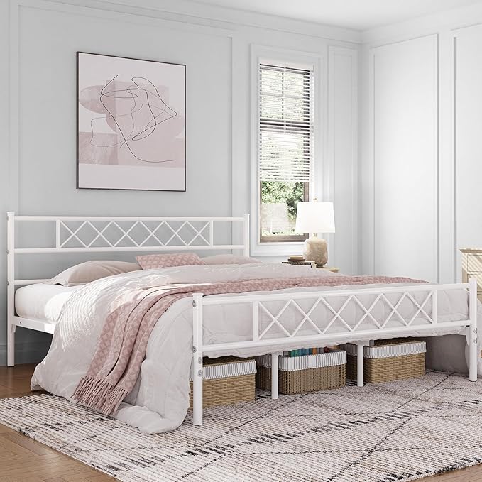 Yaheetech Metal Platform King Bed Frame Mattress Foundation with Headboard and Footboard No Box Spring Needed Under Bed Storage Steel Slats White