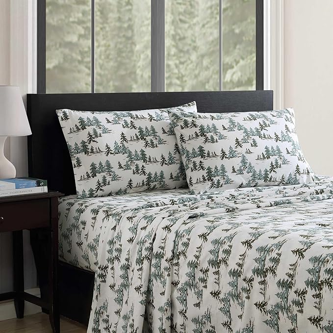 Eddie Bauer - Twin Sheets, Cotton Flannel Bedding Set, Brushed for Extra Softness, Cozy Home Decor, Oeko-Tex Certified (Snowy Pine Trees Green, Twin)