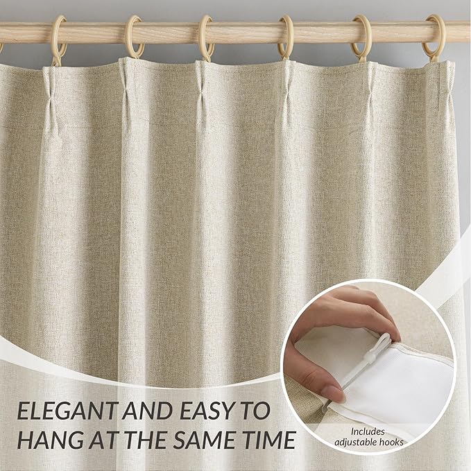KangBang Extra Wide Pinch Pleated Blackout Curtains 84 Inch Length 2 Panels Set, Thermal Insulated Linen Curtains for Sliding Door Living Room, Rustic Pleat Draperies with Hooks,60x84, Natural Beige