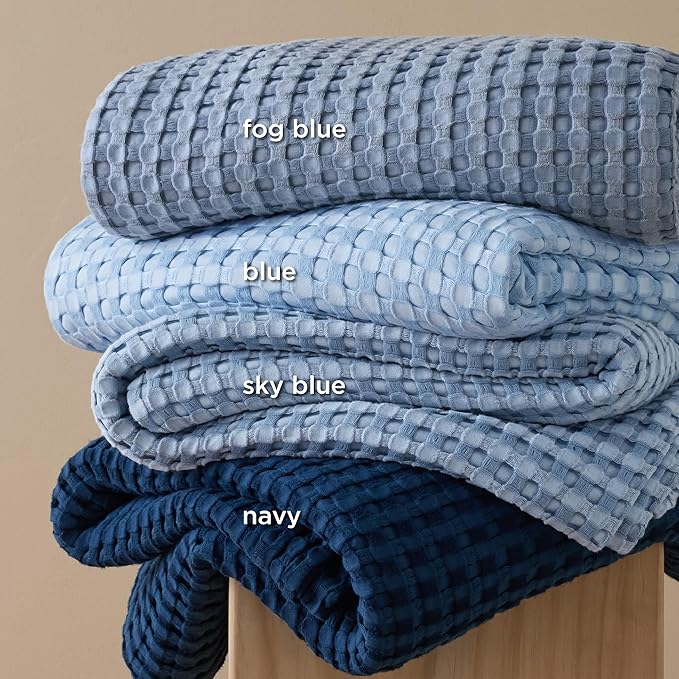 Bedsure Cooling Cotton Waffle Queen Size Blanket - Lightweight Breathable Summer Blanket of Rayon Derived from Bamboo for Hot Sleepers, Luxury Throws for Bed, Couch and Sofa, Fog Blue, 90x90 Inches