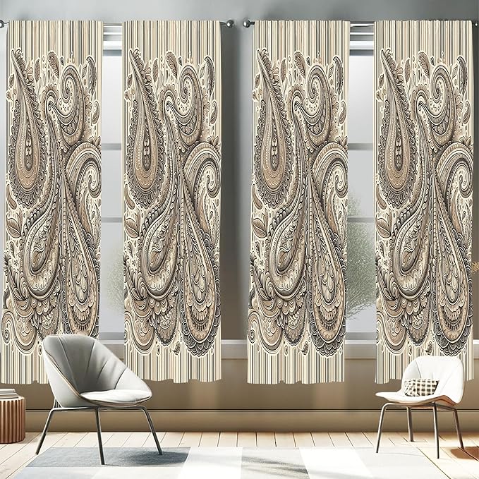 Ambesonne Paisley Window Curtains Pack of 2, Delicate Bohemian Leafy Motives on Stripes in Neutral Muted Colors, Lightweight Set with Rod Pocket, 4 Panels of - 28" x 95", Warm Taupe Ivory and Sepia