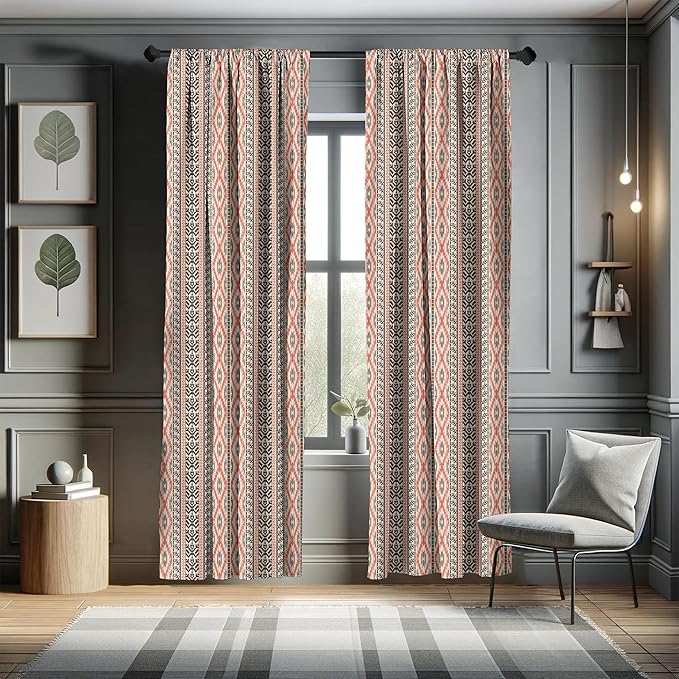 Ambesonne Southwestern Window Curtains, Traditional Vertical Borders Inspired by Prehistoric Art Ikat Style, Lightweight Decorative Panels Set of 2 with Rod Pocket, Pair of - 28" x 84", Brown Coral