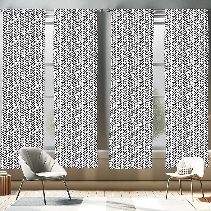 Ambesonne Black and White Window Curtains Pack of 2, Modern Grunge Botany Motif Monochrome Brush Paint Style Strokes, Lightweight Set with Rod Pocket, 4 Panels of - 28" x 84", White and Black