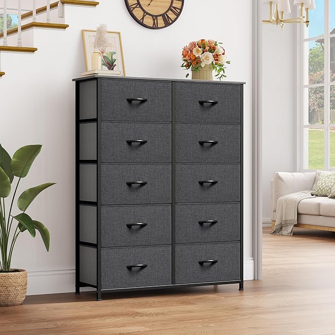 YITAHOME 10 Drawer Dresser - Fabric Storage Tower, Organizer Unit for Bedroom, Living Room, Hallway, Closets - Sturdy Steel Frame, Wooden Top & Easy Pull Fabric Bins (Black Grey)