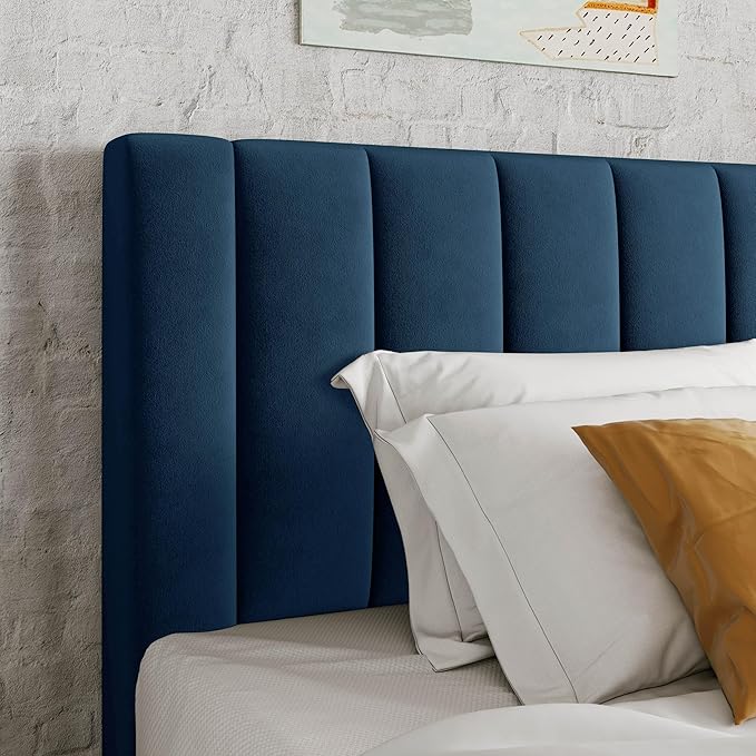 Allewie Twin Bed Frame/Velvet Upholstered Bed Frame with Vertical Channel Tufted Headboard/Strong Wooden Slats/Platform Bed Frame/Mattress Foundation/Box Spring Optional/Easy Assembly/Navy Blue