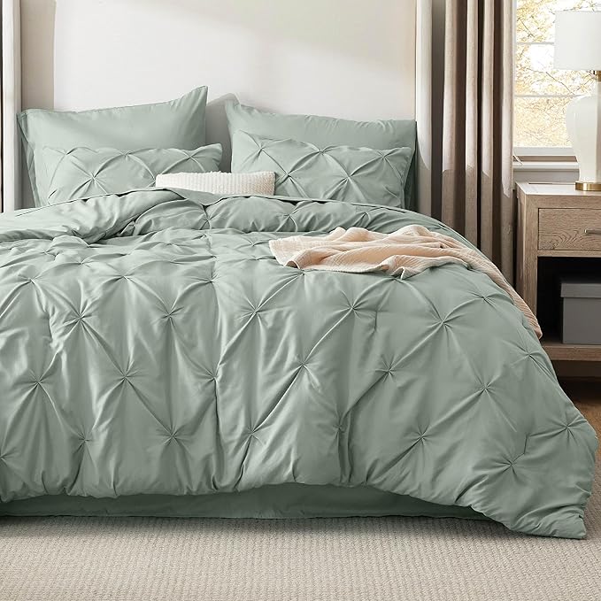 Bedsure Queen Comforter Set Sage Green - Bed in a Bag Queen Size Bedding 7 Pieces, GentleSoft™ Pintuck Bed Set Gift for Family, Pinch Pleat All Season Comforter with Sheets, Pillowcases & Shams