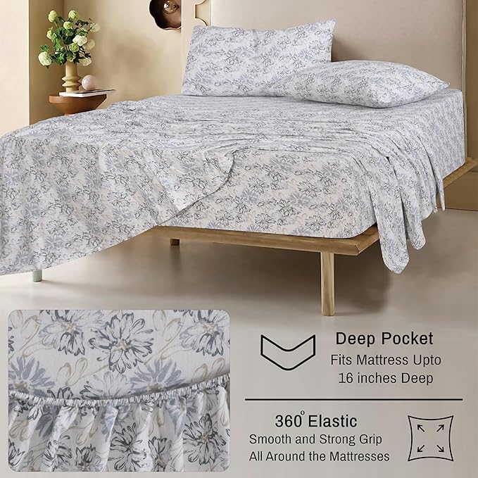 RUVANTI Flannel Sheets Full Size - 100% Cotton Double Brushed Bed Sheets Set, Deep Pockets 16 Inches, All Seasons Breathable & Extra Soft Full Sheets, Warm & Cozy, 4 Piece, Pacific