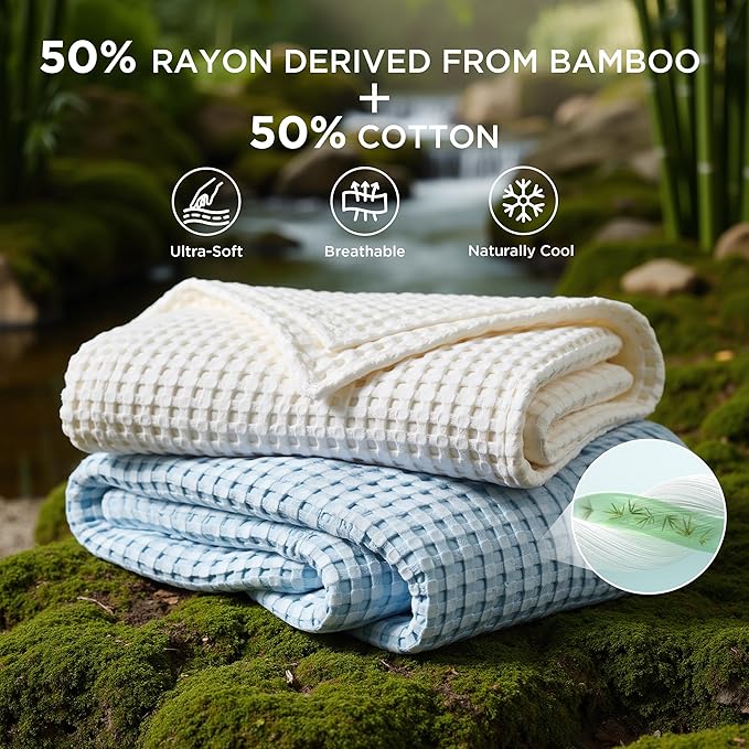 Bedsure Cooling Cotton Waffle Twin XL Blanket - Lightweight Breathable Blanket of Rayon Derived from Bamboo for Hot Sleepers, Luxury Throws for Bed, Couch and Sofa, Blue, 66x90 Inches